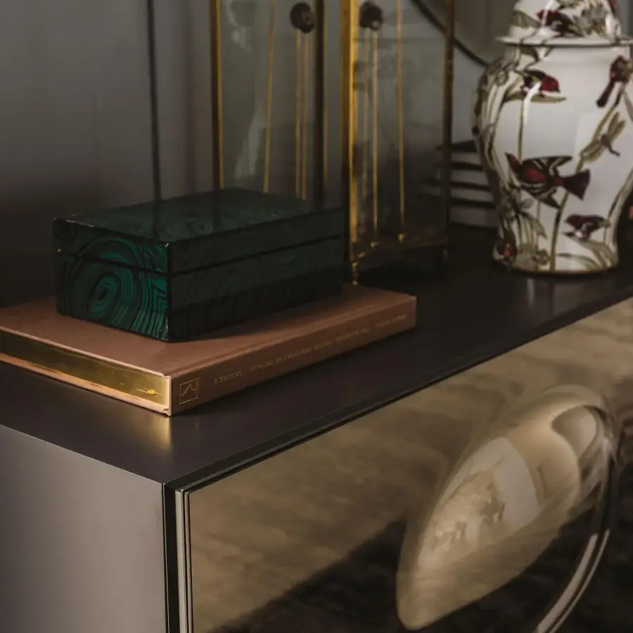 Distinguished Cattelan Italia Paramount sideboard with glossy moka lacquered doors and titanium aluminum profiles in smoked grey mirrored glass