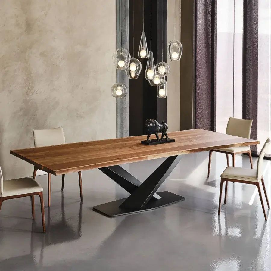 Distinguished Cattelan Italia Stratos Wood table with graphite embossed lacquered steel and Canaletto walnut top crafted in a warm finish
