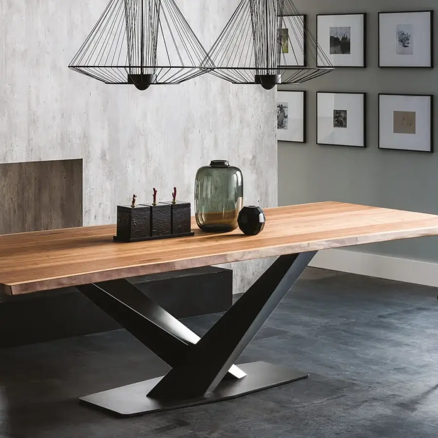 Exceptional Cattelan Italia Stratos Wood table crafted with Canaletto walnut and black embossed lacquered steel base