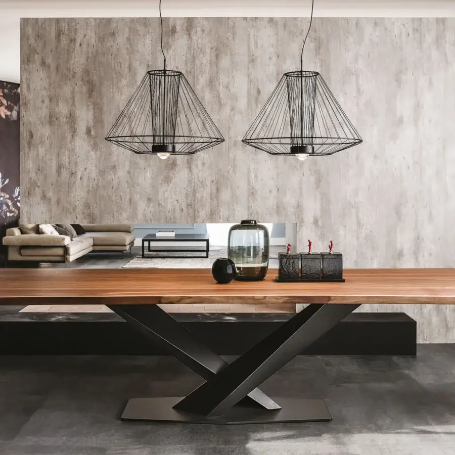 Distinguished Cattelan Italia Stratos Wood table with graphite embossed lacquered steel base and Canaletto walnut S version tabletop