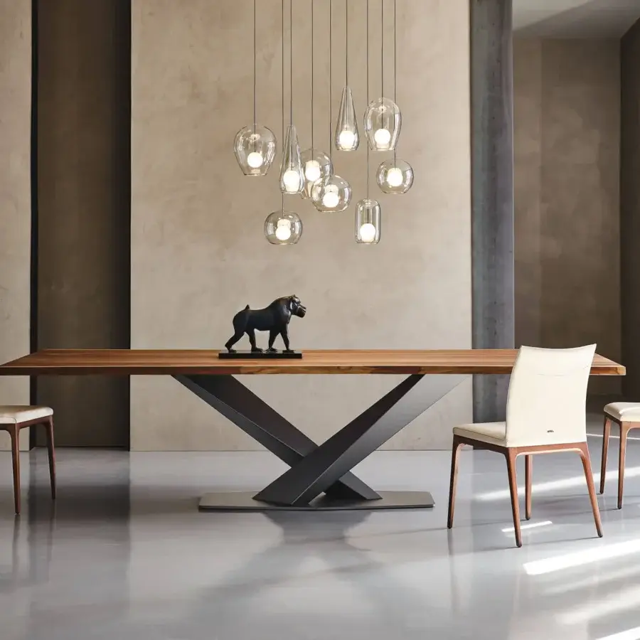 Exceptional Cattelan Italia Stratos Wood table with titanium embossed lacquered steel base and Canaletto walnut top with irregular solid wood edges