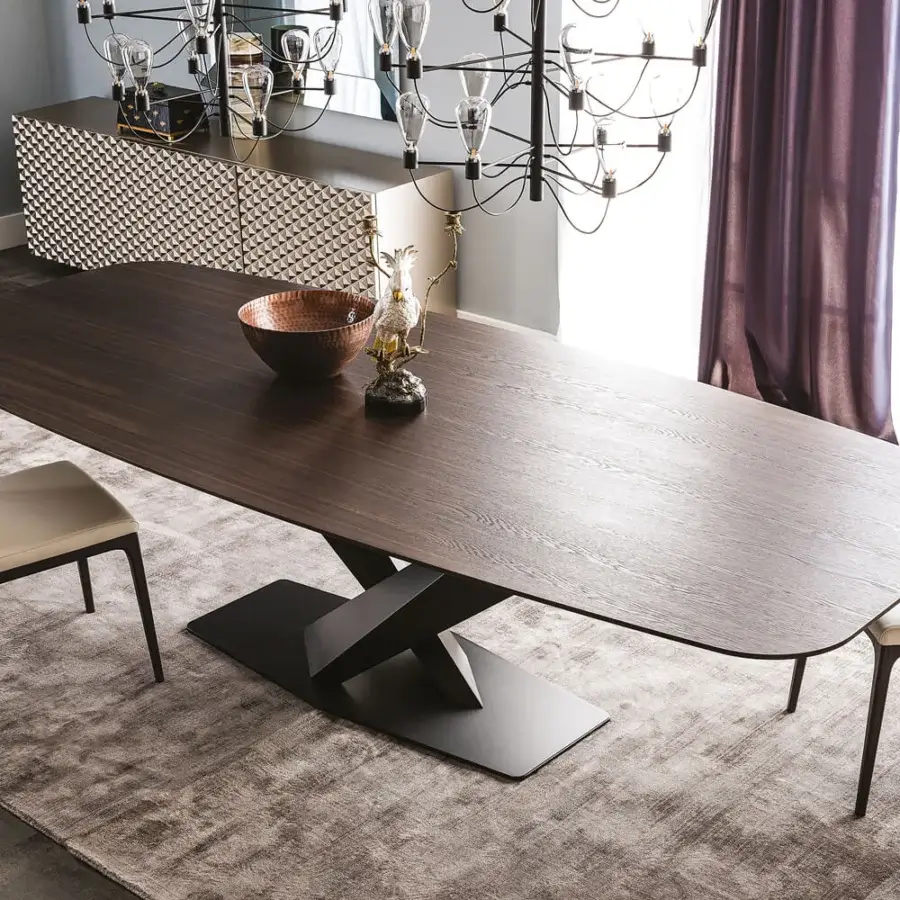 Elegant Cattelan Italia Stratos Wood table with graphite embossed steel base and burned oak “B” barrel top