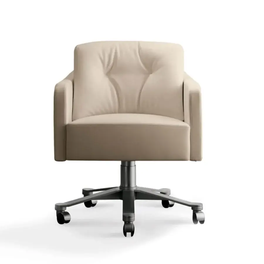 Distinguished Giorgetti Musa armchair upholstered in neutral beige fabric with a painted metal base and rotating castors