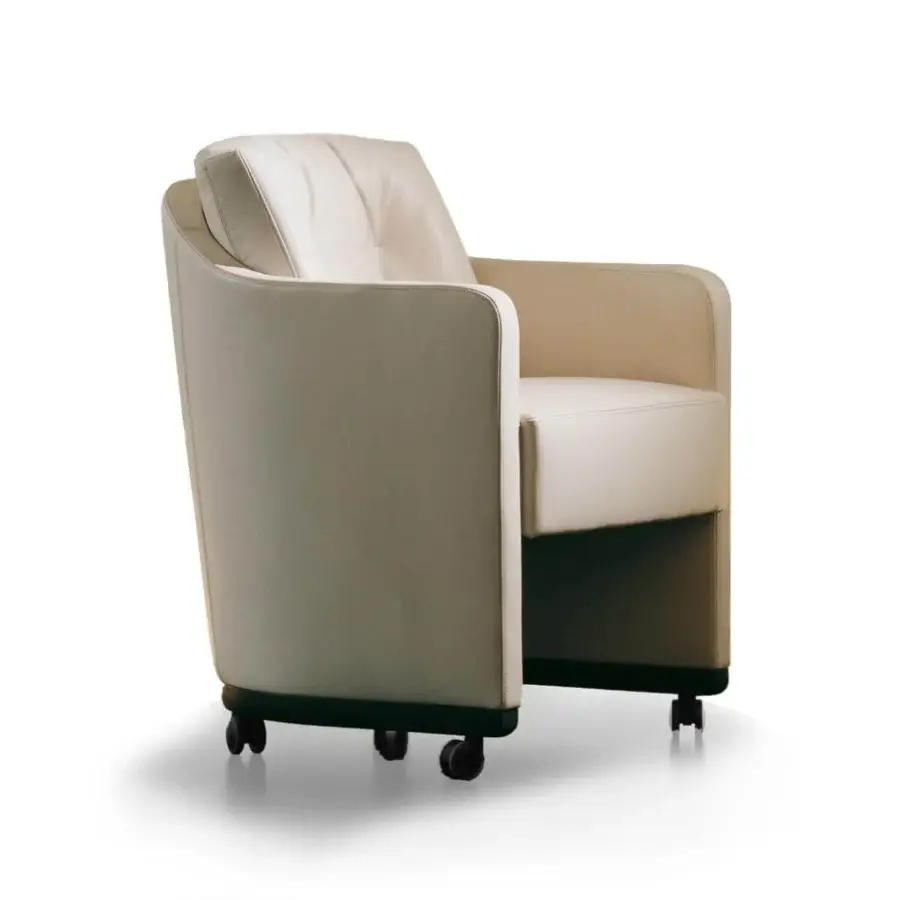 Exclusive Giorgetti Musa armchair in elegant beige textile with a five-point painted metal base and rotating castors