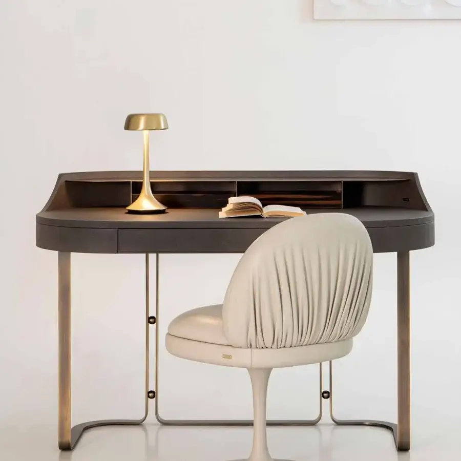 Distinctive Rugiano Fandango chair with light leather upholstery and black chrome finished metal base offering swivel function