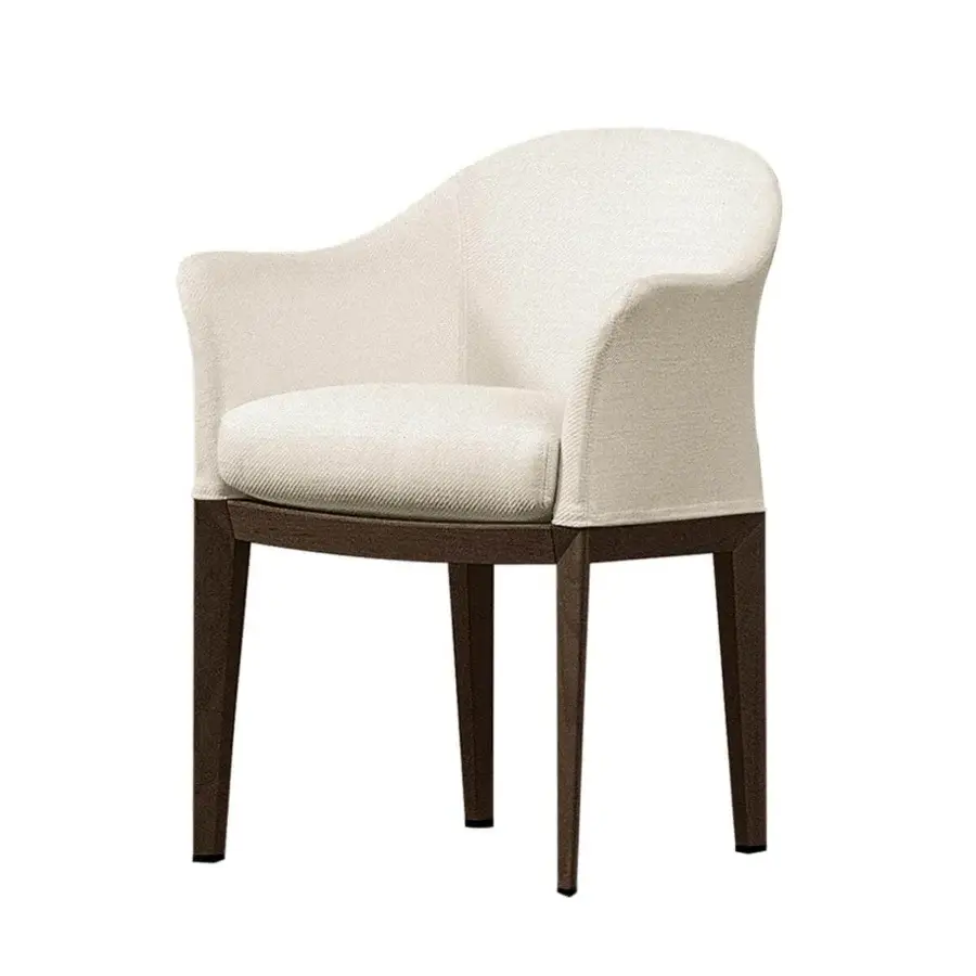 Elegant Giorgetti Normal armchair upholstered in light cream textile with a stylish solid beech wood base and textured matte finish