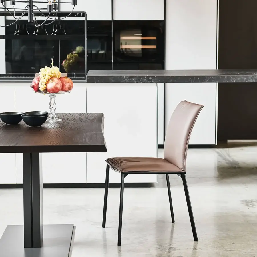 Exceptional Cattelan Italia Rita chair with graphite painted steel frame and light brown smooth upholstery
