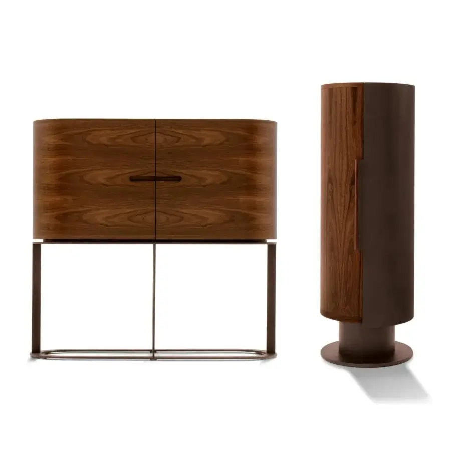 Distinguished Giorgetti Ino bar cabinet crafted in Canaletto walnut with dark bronze painted metal and white Fiddleback Sycamore interior