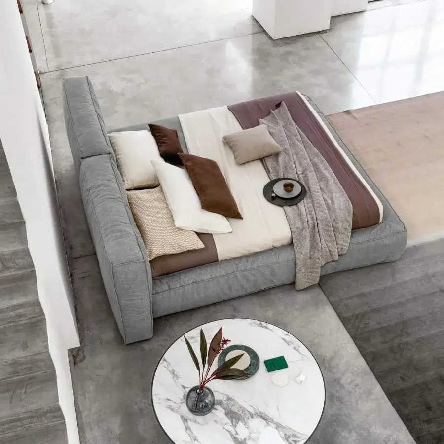 Superior Bonaldo Fluff bed with soft rounded design upholstered in light gray textile and removable cover