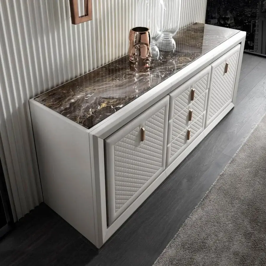 Exceptional DV Home Collection Adler sideboard with multilayer structure covered in white leather and contrasting marble top