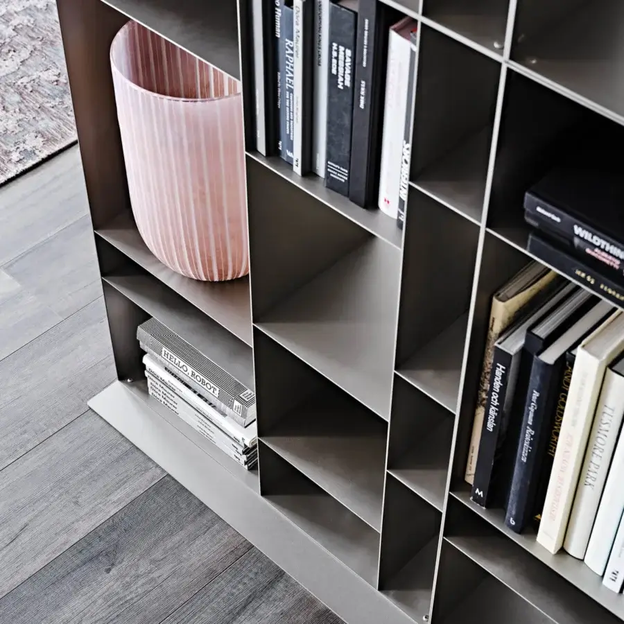 Distinguished Cattelan Italia Latitude bookcase with a geometric silhouette crafted in titanium embossed lacquered steel and matte finish