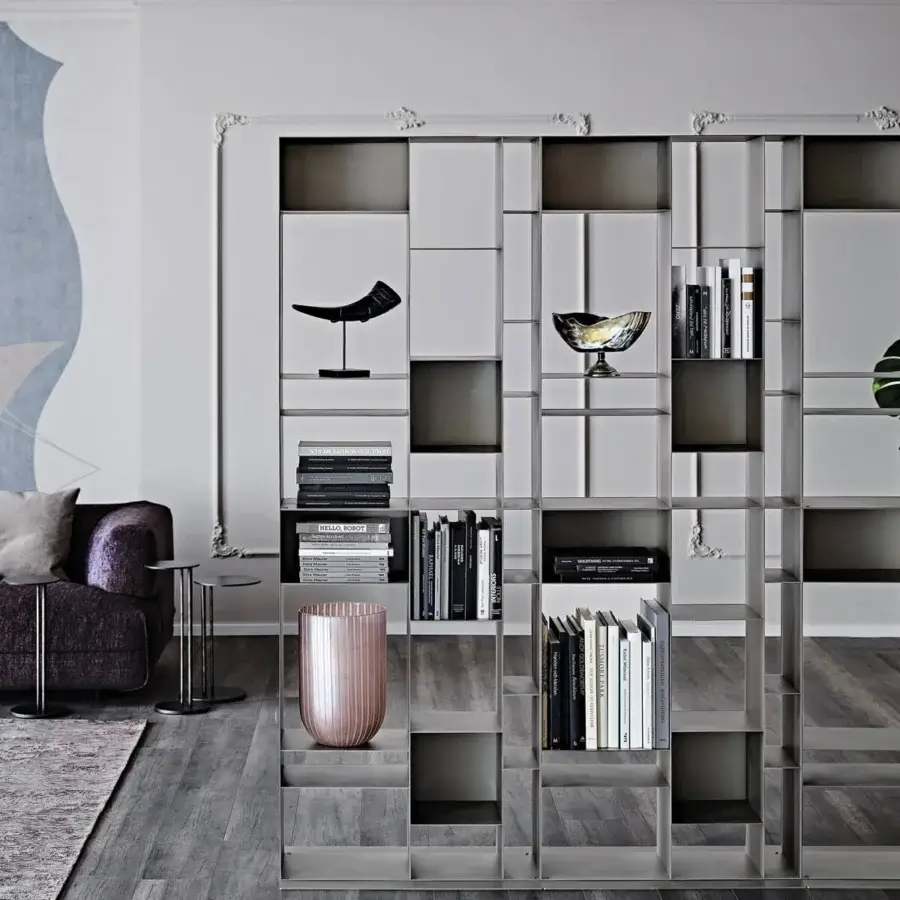 Superior Cattelan Italia Latitude bookcase with embossed lacquered steel in a light gray matte finish and modular design
