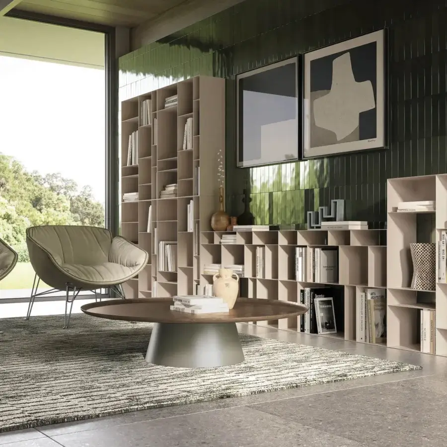 Captivating Cattelan Italia Latitude bookcase with titanium embossed lacquered steel and light beige modular units in a rhythmic composition