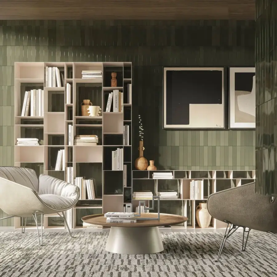 Elegant Cattelan Italia Latitude bookcase with a geometric silhouette built in titanium embossed lacquered steel