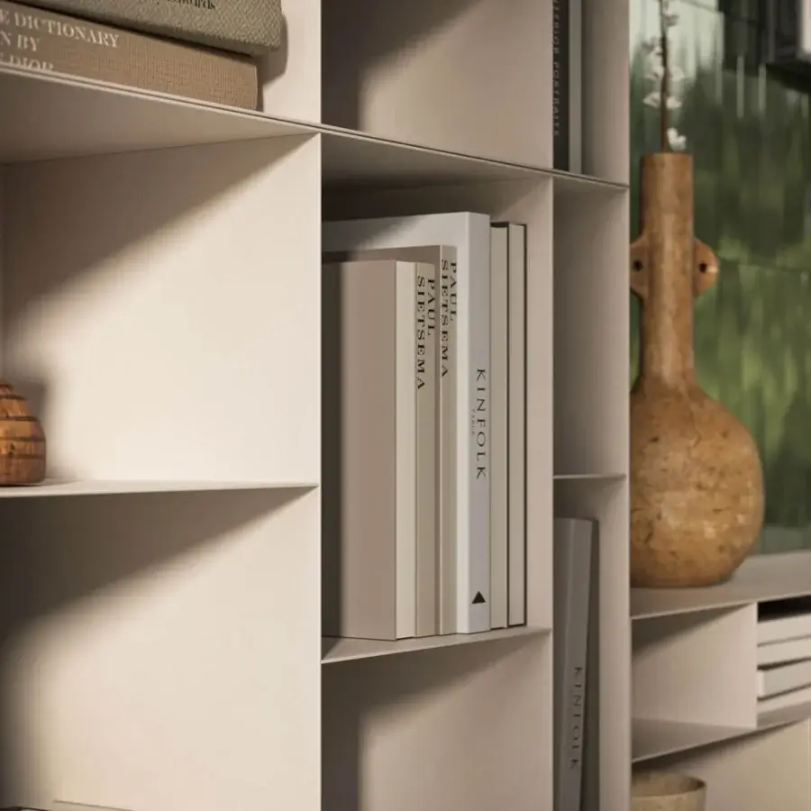 Distinguished Cattelan Italia Latitude bookcase with a geometric form crafted in titanium embossed lacquered steel with a matte finish