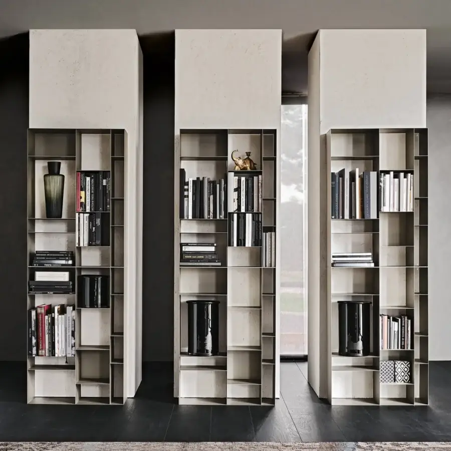 Superior Cattelan Italia Latitude bookcase with a geometric silhouette crafted in titanium embossed lacquered steel and light gray supports