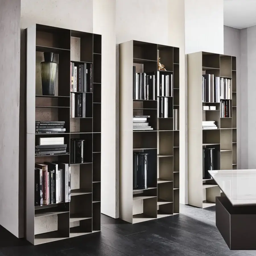 Captivating Cattelan Italia Latitude bookcase with modular units built in titanium embossed lacquered steel and contrasting darker shelves