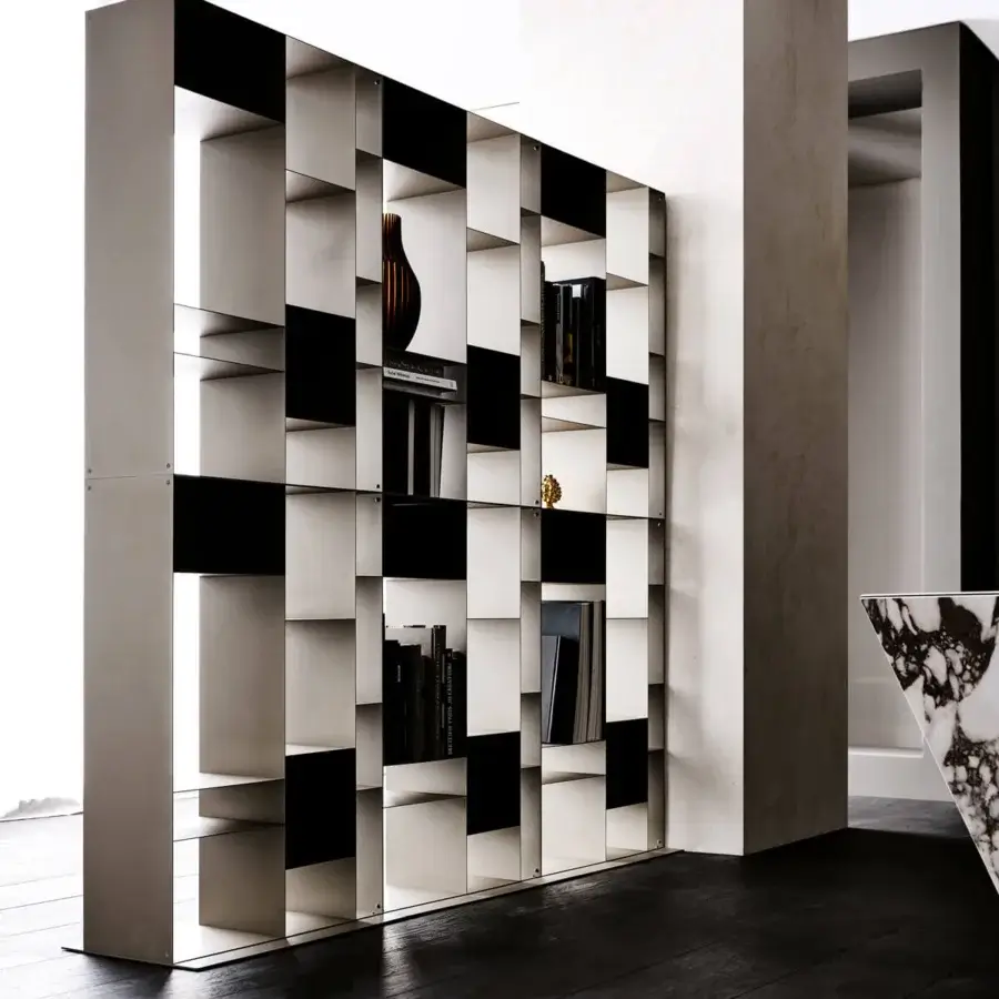 Exclusive Cattelan Italia Latitude bookcase with modular units built in titanium or bronze embossed lacquered steel and glossy black matte white compartments