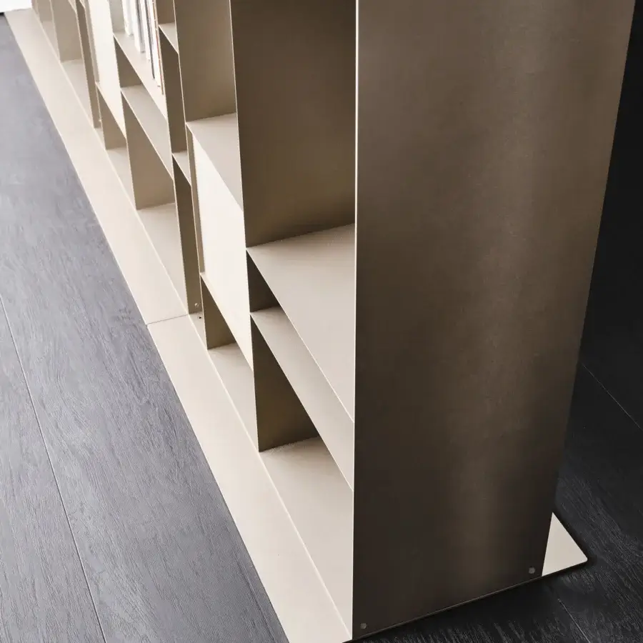 Distinguished Cattelan Italia Latitude bookcase with embossed lacquered steel in beige or light brown hues showcasing geometric compartments