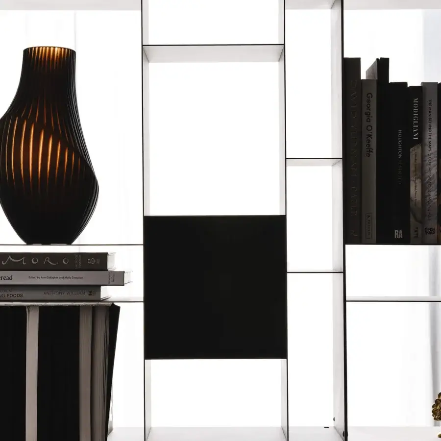 Superior Cattelan Italia Latitude bookcase with geometric titanium embossed lacquered steel modules and contrasting open shelving
