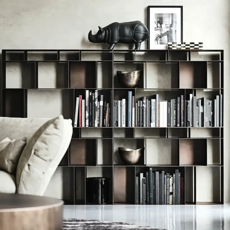 Elegant Cattelan Italia Latitude bookcase with modular titanium embossed lacquered steel units and contrasting panels in matte dark bronze finish