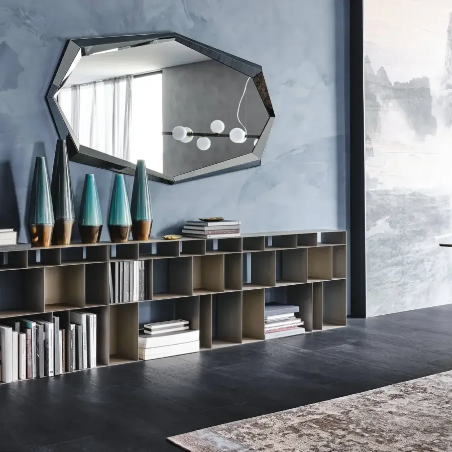 Distinguished Cattelan Italia Latitude bookcase with titanium embossed lacquered steel modular units in a light brown finish