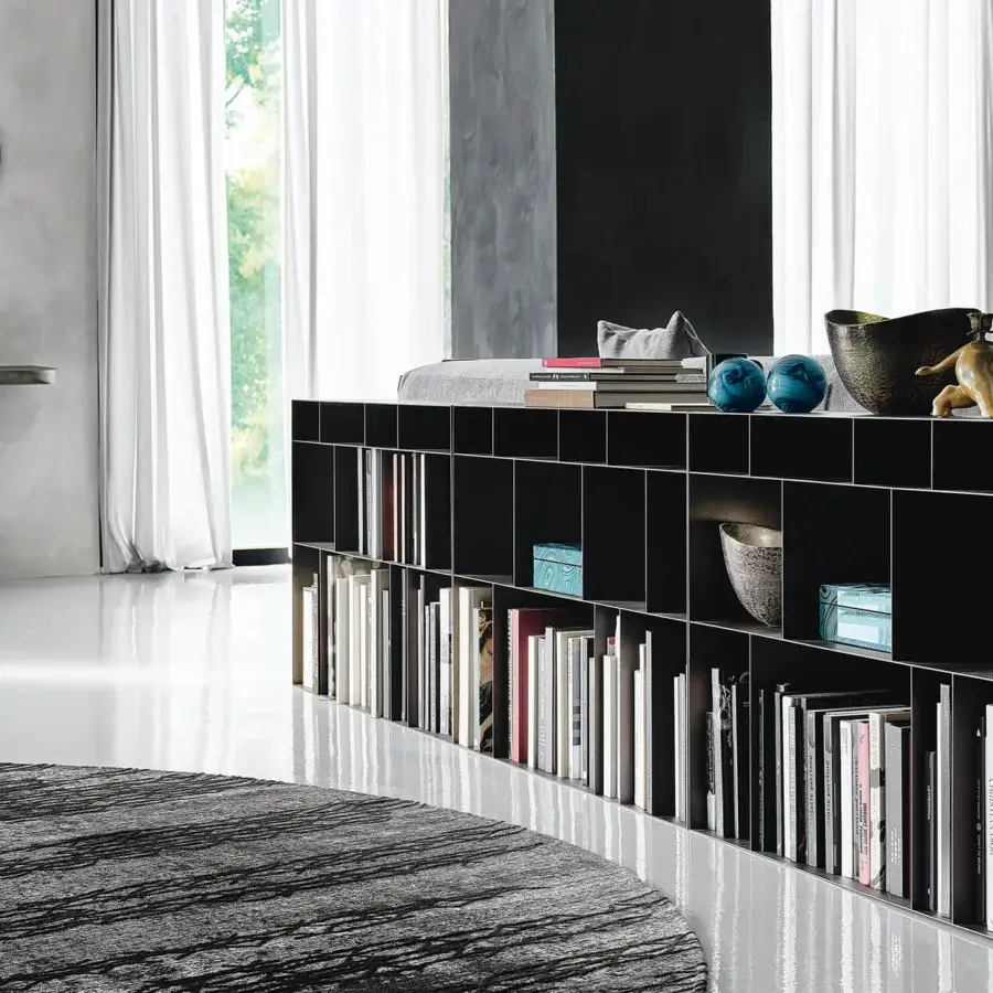 Elegant Cattelan Italia Latitude bookcase with embossed lacquered steel modular units in glossy black and matte brown sections