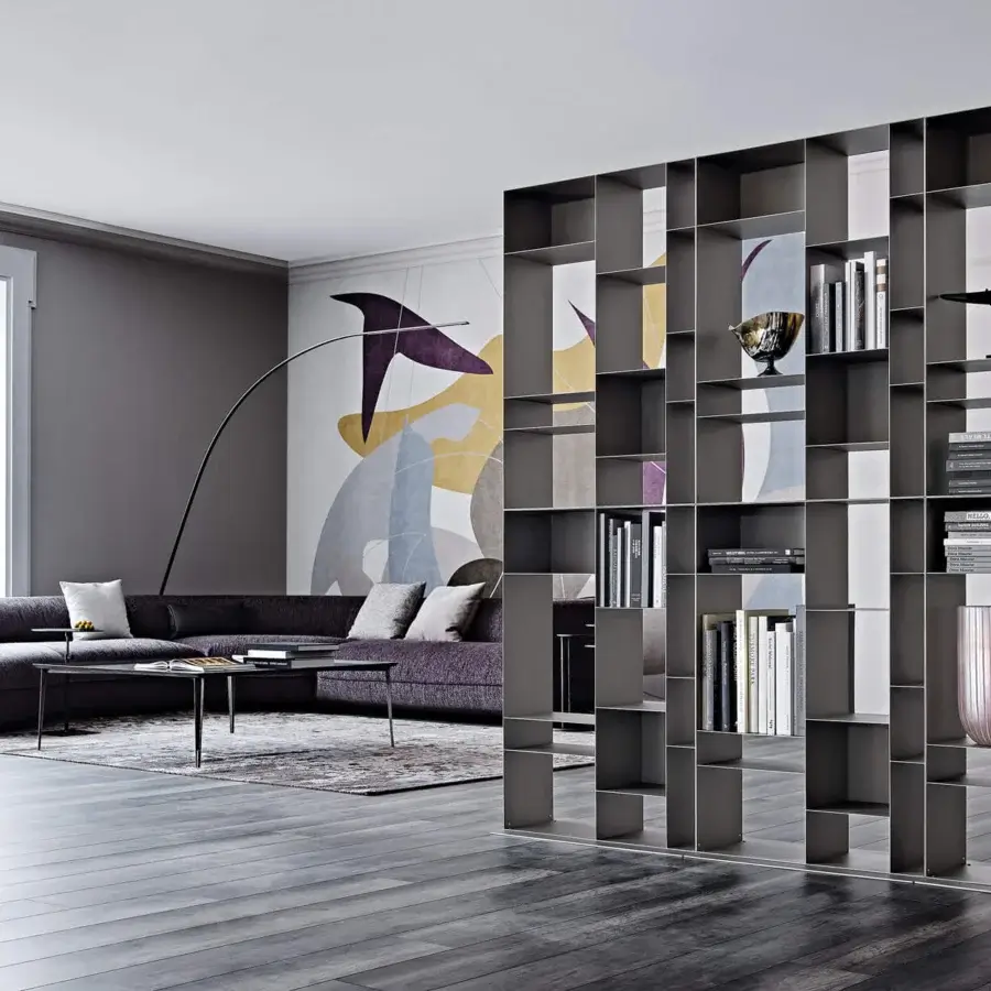 Captivating Cattelan Italia Latitude bookcase with geometric modular units crafted in titanium embossed lacquered steel with matte finish