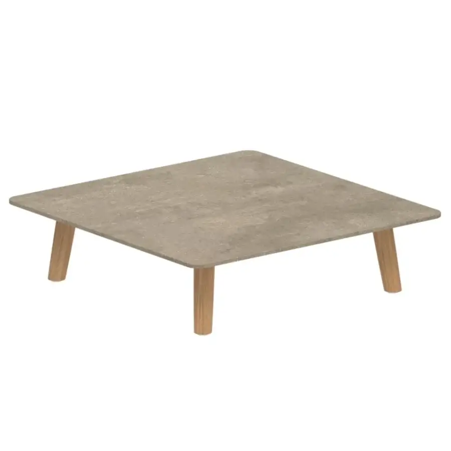 Elegant Royal Botania Mambo Lounge coffee table with rounded corners, wooden legs, and a matte surface, designed for outdoor spaces.