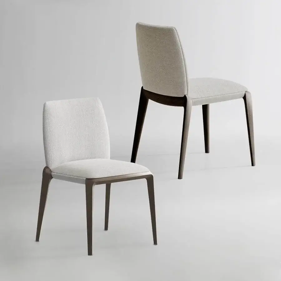Distinguished Potocco Hiru chair with helical legs and non-planar surfaces in dark ash finish upholstered in light textured textile