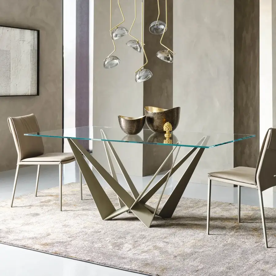 Captivating Cattelan Italia Skorpio table with graphite embossed lacquered steel base and clear extra-clear glass top