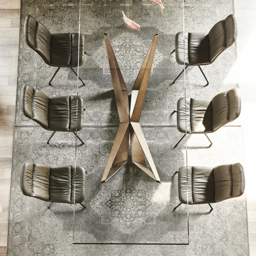 Elegant Cattelan Italia Skorpio table with extra-clear glass top and bronze embossed lacquered steel base