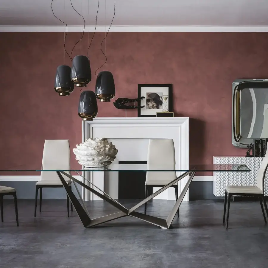 Superior Cattelan Italia Skorpio table with extra-clear glass and bronze embossed lacquered steel base crafted with a matte finish