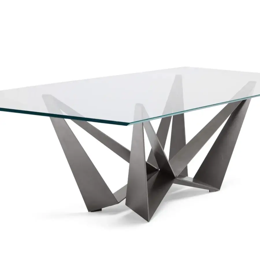 Distinguished Cattelan Italia Skorpio table with transparent glass and graphite embossed lacquered steel base crafted in Italy