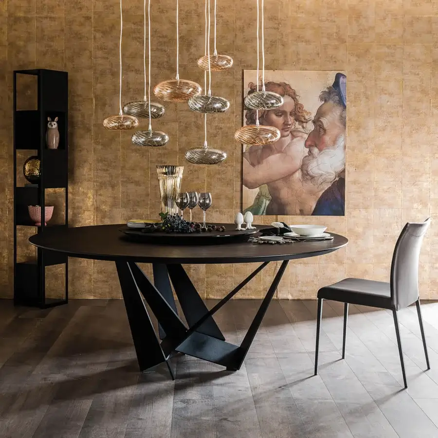 Elegant Cattelan Italia Skorpio table with black embossed lacquered steel and Canaletto walnut tabletop in matte finish