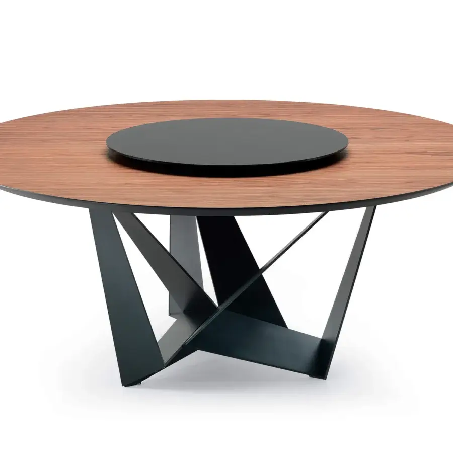 Distinguished Cattelan Italia Skorpio table with Canaletto walnut and black embossed lacquered steel built with a central Lazy Susan