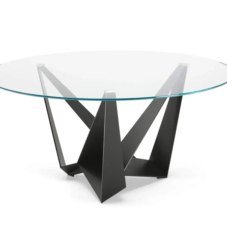 Elegant Cattelan Italia Skorpio table with a graphite embossed lacquered steel base and clear glass top