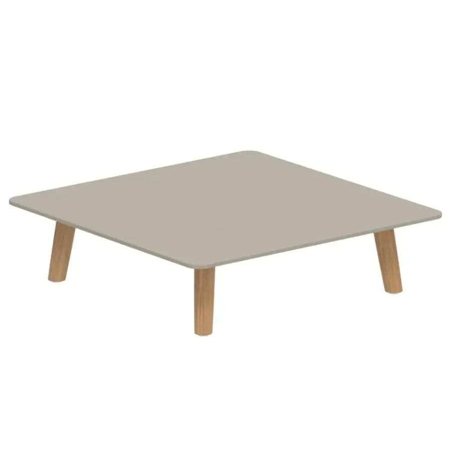 Luxury Royal Botania Mambo Lounge coffee table in rectangular shape with light gray tabletop and natural teak wood legs