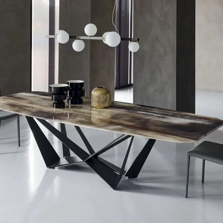 Exceptional Cattelan Italia Skorpio table with graphite embossed lacquered steel and extra-clear bevelled glass tabletop in brown, gray, and cream tones