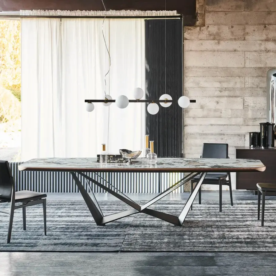 Architectural Cattelan Italia Skorpio table with swirling Marmi Makalu ceramic and titanium embossed lacquered steel base