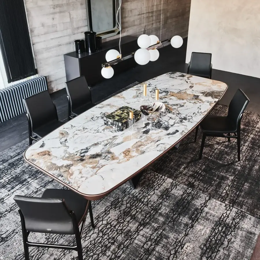 Exclusive Cattelan Italia Skorpio table with ceramic Marmi Alabastro top and dark base in glossy finish