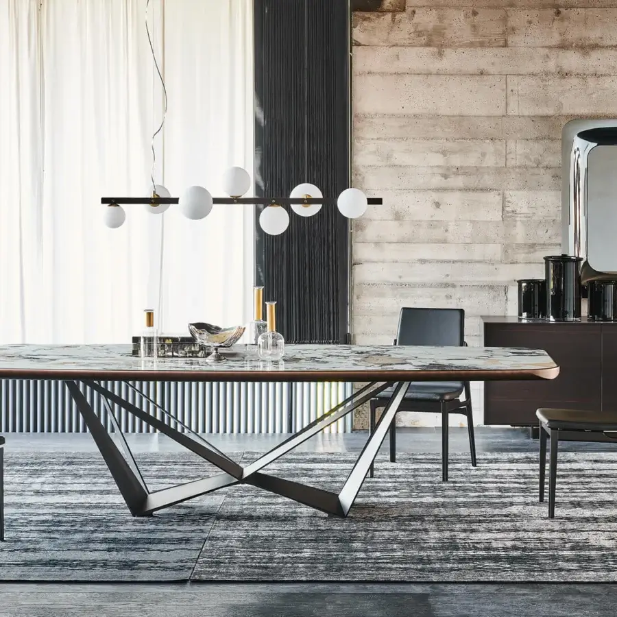 Distinctive Cattelan Italia Skorpio table with grey and brown marbled ceramic Marmi Ardesia top and graphite embossed lacquered steel legs