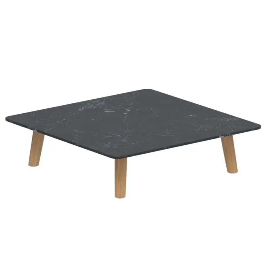 Luxury Royal Botania Mambo Lounge coffee table with a square shape, marbled top, and light wooden legs in a matte finish for outdoor use