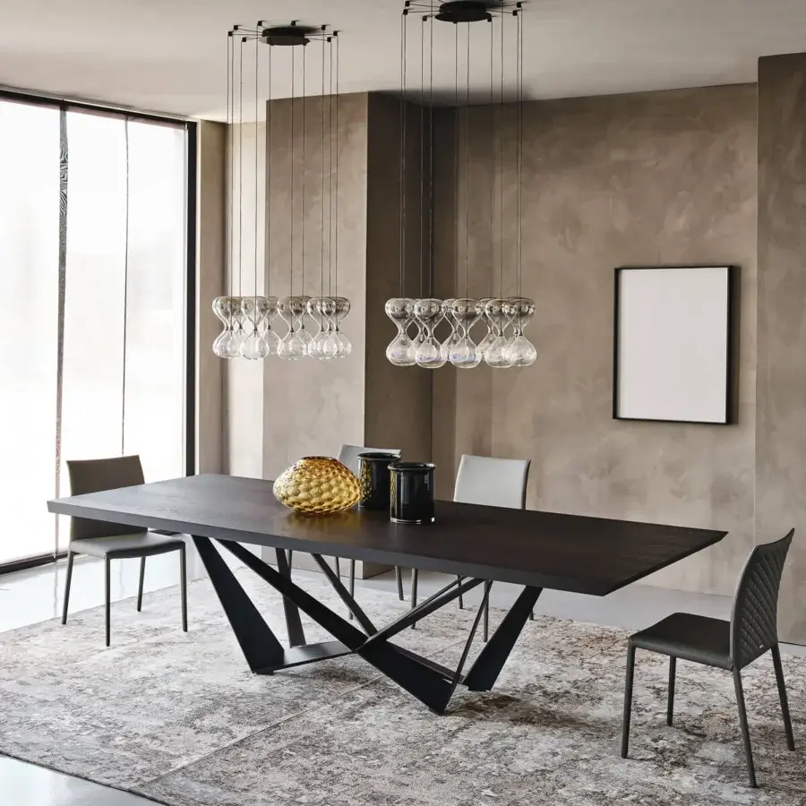 Exceptional Cattelan Italia Skorpio Wood table with a Canaletto walnut top and graphite embossed lacquered steel base