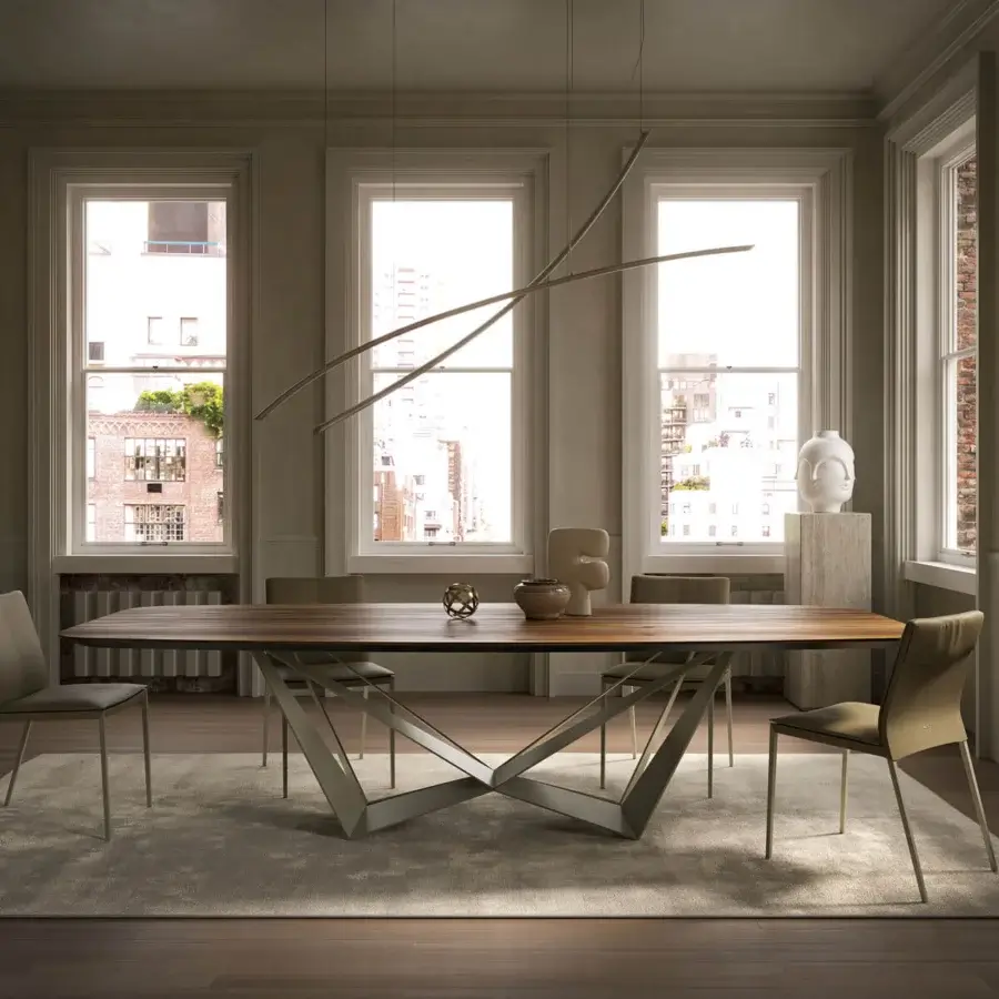 Superior Cattelan Italia Skorpio Wood table with a Canaletto walnut barrel top and graphite embossed lacquered steel base crafted with angular planes