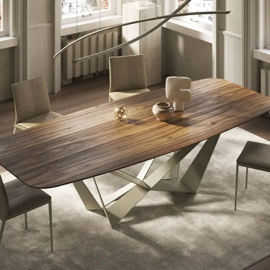 Distinguished Cattelan Italia Skorpio Wood table with a Canaletto walnut barrel top and titanium embossed lacquered steel base in matte beige finish