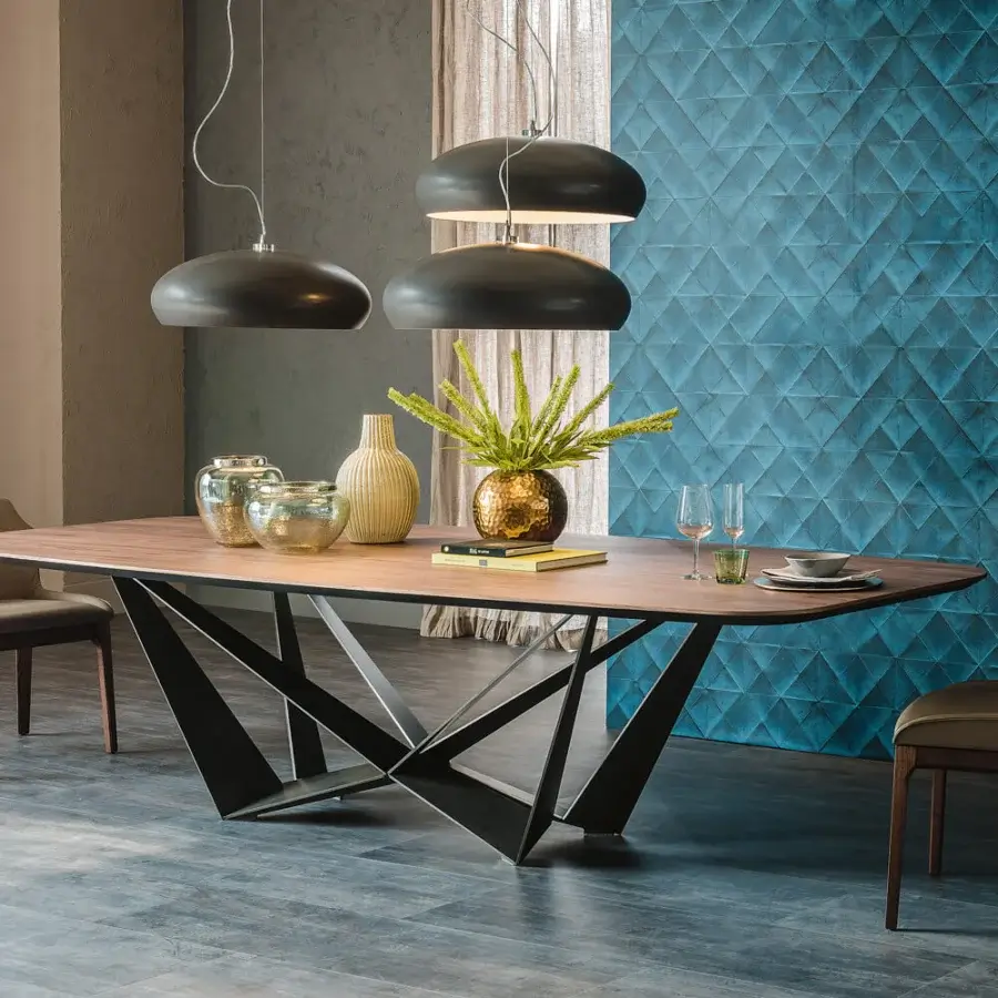 Sophisticated Cattelan Italia Skorpio Wood table with Canaletto walnut barrel top and graphite embossed lacquered steel base crafted in Italy