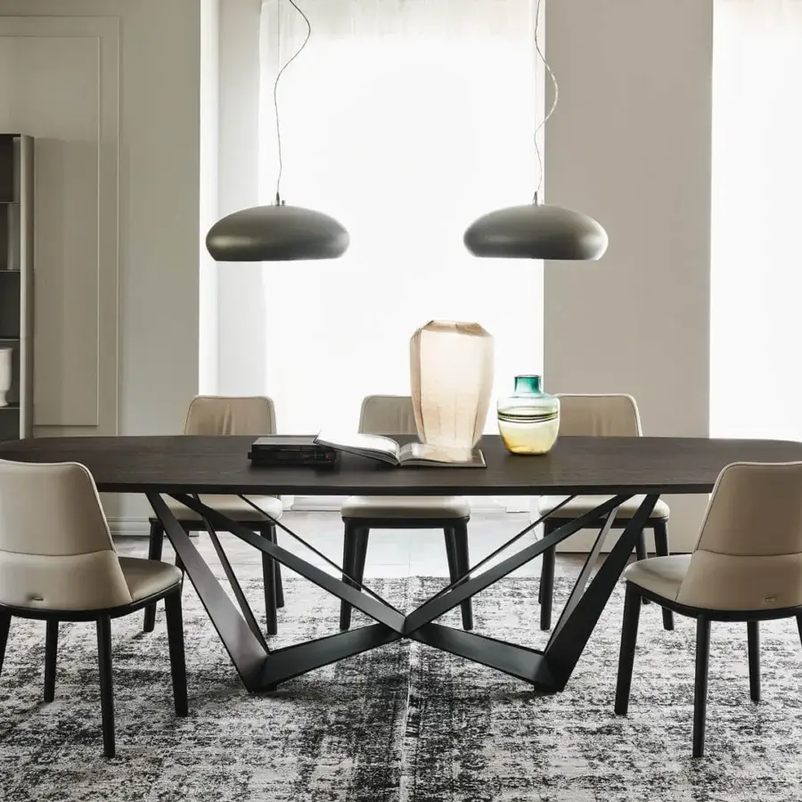 Exceptional Cattelan Italia Skorpio Wood table with titanium embossed steel base and burned oak barrel top