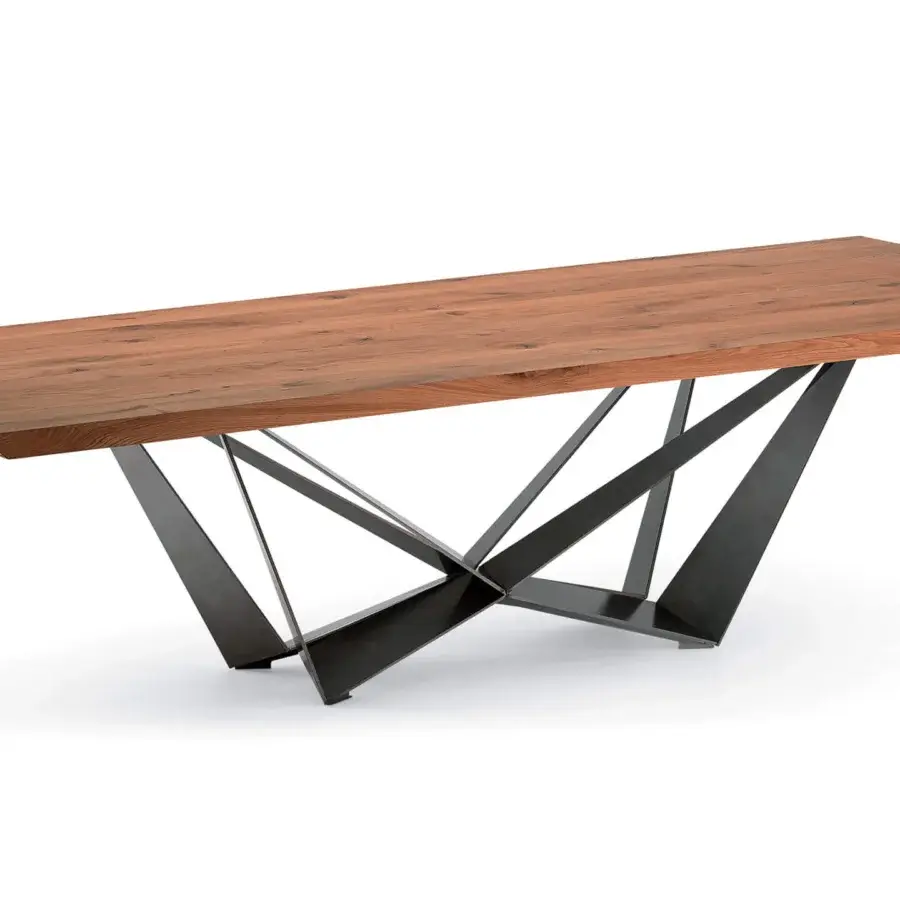 Exceptional Cattelan Italia Skorpio Wood table with black embossed lacquered steel base and Canaletto walnut barrel top