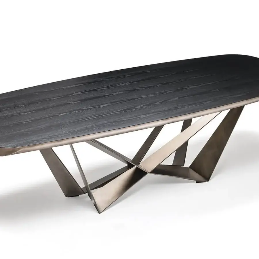 Distinguished Cattelan Italia Skorpio Wood table with Canaletto walnut top and brushed bronze metal supports